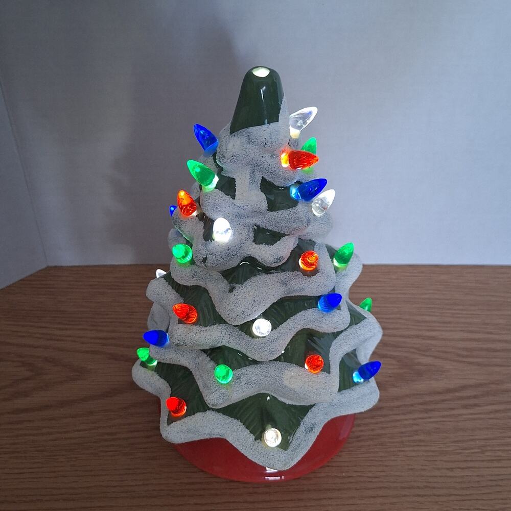 MerchSource 11" Ceramic Lighted Christmas Tree Frosted Snow Battery Timer Works